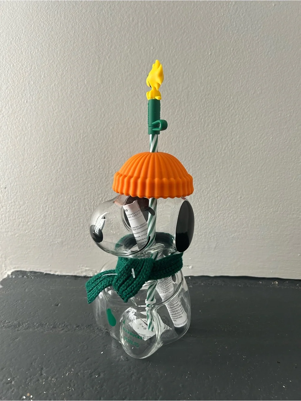 Starbucks Orange & Green Peanuts Snowman Bottle with Woodstock Topper